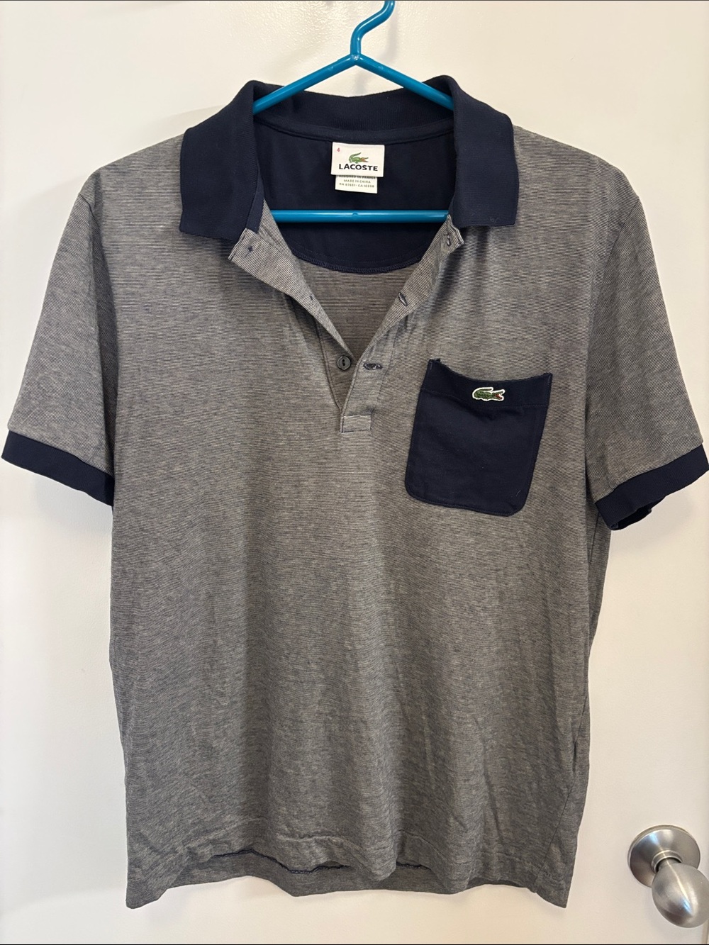 Lacoste Men's Grey Polo with Navy Collar & Pocket